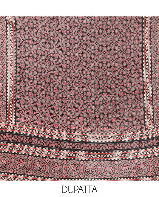 Black Material Chudidhar Set, Embellished with Ajrakh Patch Work and Mirror Work, Vichitra Silk Top, Plain Santoon Bottom, and Chinon Silk Dupatta Featuring Intricate Ajrakh Prints