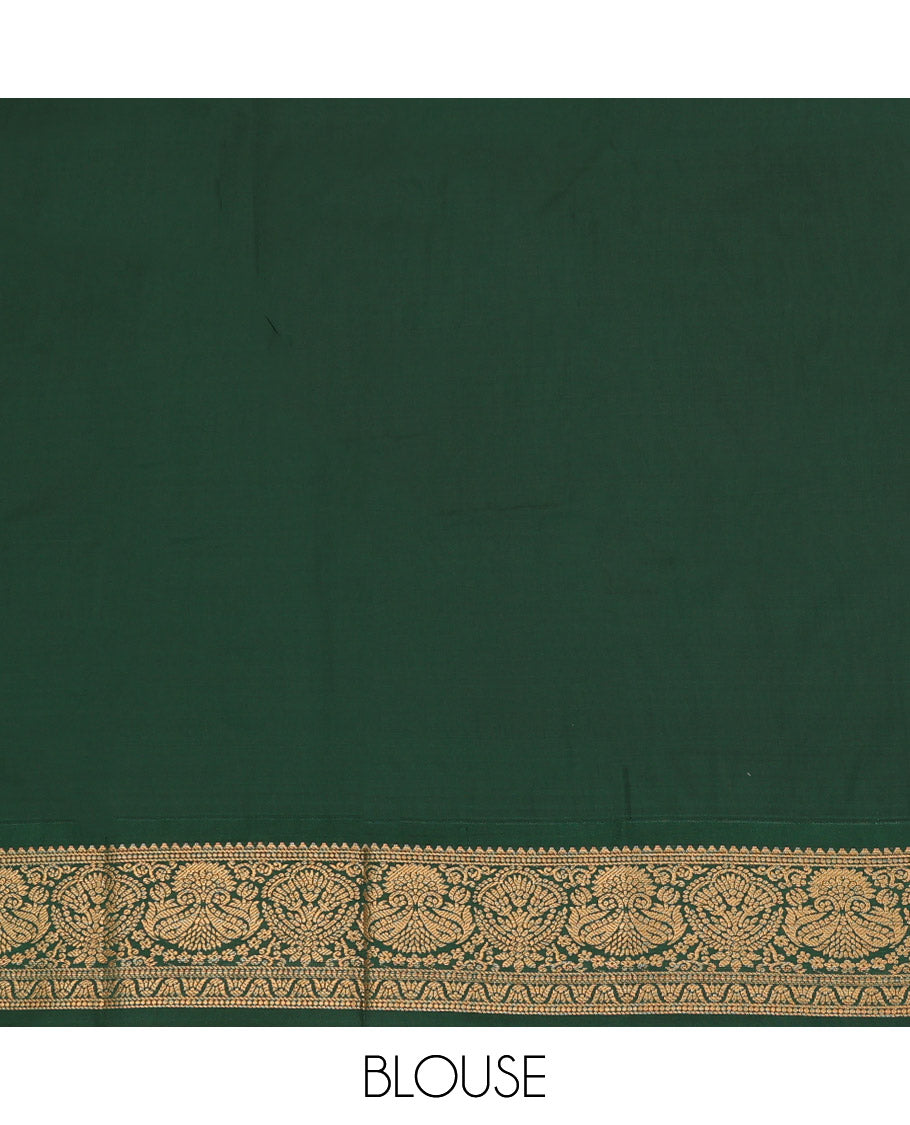 Pink Art Silk Pavadai Material Set, Embellished with Zari Designs All Over the Skirt, Complemented by a Contrast Floral-Paisley Zari Border, and Paired with a Contrast Blouse