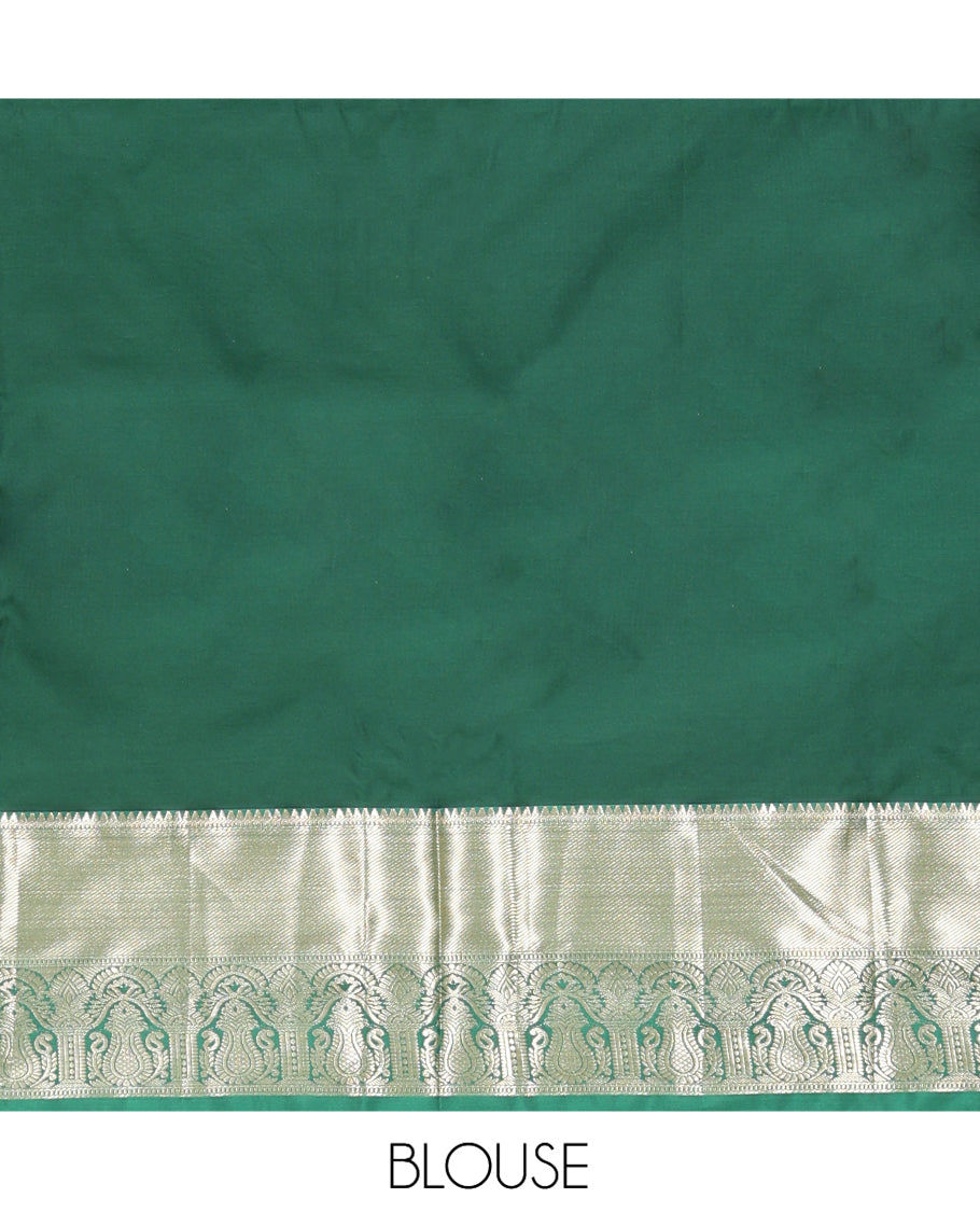 Yellow Budget Silk Saree, Subtly Sparkled with Zari Buttas, Complemented by a Contrast Traditional Zari Border, Grand Jaal Pallu, and Contrast Blouse