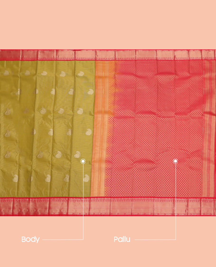 Green Budget Silk Saree, Richly Detailed with Zari Buttas and Stripes, Complemented by Contrast Traditional Zari Border, Grand Pallu, and a Contrast Blouse