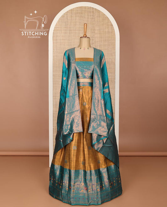 Brown floral buttas half saree with contrast intricate zari design border, zari design blouse & floral zari design dhavani