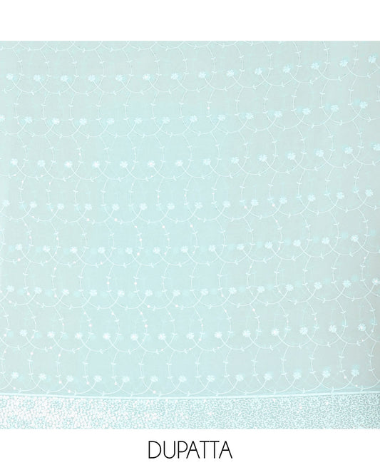 Blue Material Chudidar Set Features Sequin Embroidered Georgette Top, a Plain American Crepe Bottom, and a Scallop Dupatta Embellished with Floral Vine Embroidery