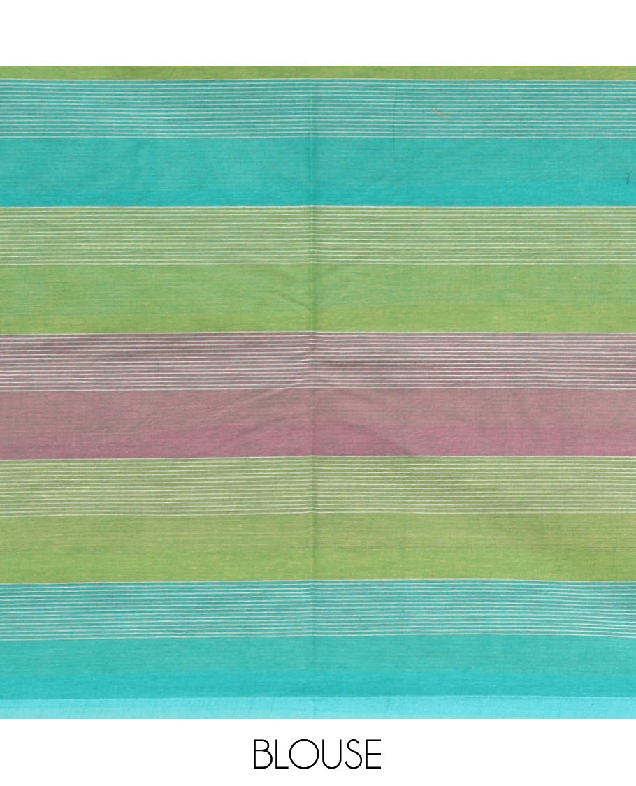 Borderless Multi-Color Cotton Saree, Meticulously Crafted with Buttas and Checks, Intricately Designed Pallu, and a Matching Blouse