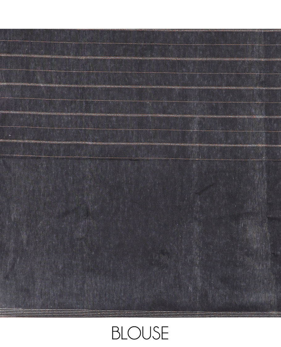 Black Tussar Saree Artfully Printed with Pichwai Cow and Lotus Motifs All Over Its Body, Subtly Made Self-Border of Kalamkari Floral-Peacock Print, Pallu Mirroring Pichwai Cow-Lotus Print, and Paired with a Plain Blouse