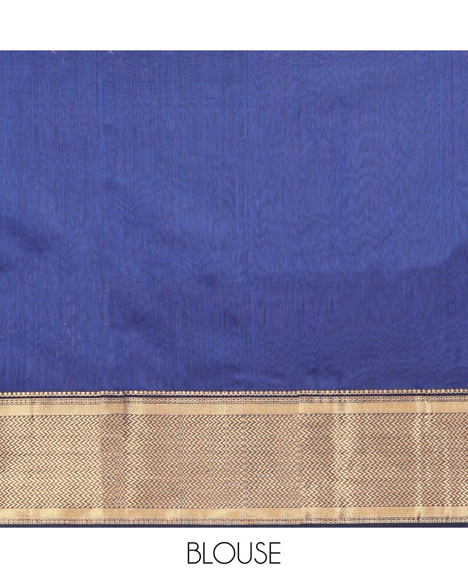Blue Maheshwari Cotton Saree, Beautified with Zari Buttas on Its Body, Highlighted by Zari Border of Chevron Designs, Pallu Steeped with Zari Buttas, and Paired with a Matching Blouse
