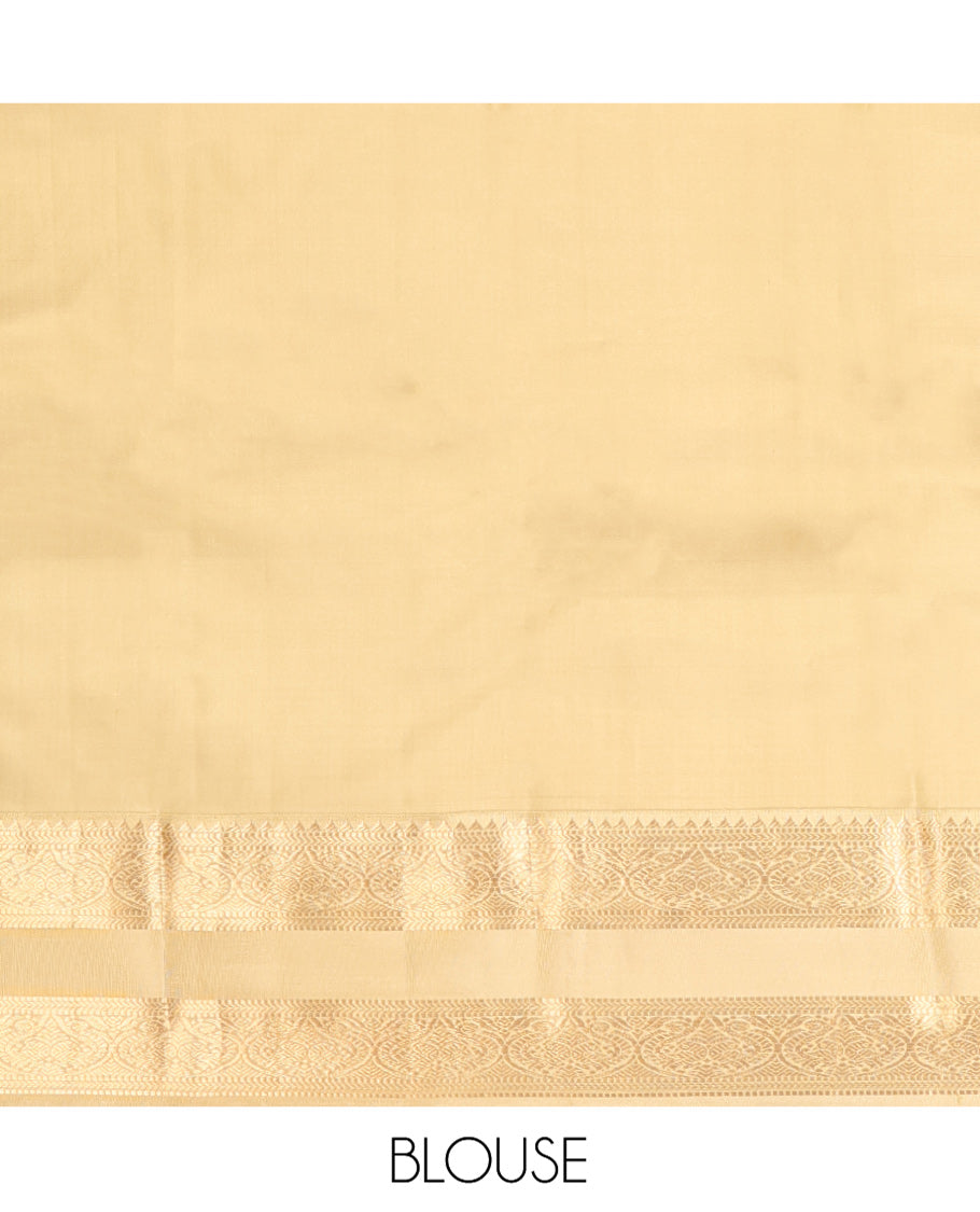 Turquoise Vasundhara Silk Saree, Crafted with Zari Buttas All Over Its Body, Complemented by a Contrast Rettai Pettu Border of Rekku, Muthu, Kathir, and Mayil Designs, Intricately Designed Pallu, and Paired with a Contrast Blouse