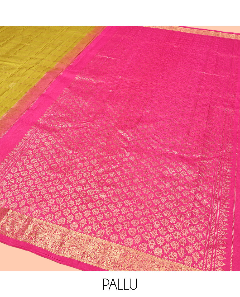 Green Kanchipuram Silk Saree, Sparsely Sparkled with Mayil Butta Enclosed Checked All Over Its Body, Complemented by a Contrast Traditional Zari Design Border, Pallu of Intricate Designs, and Paired with a Contrast Blouse