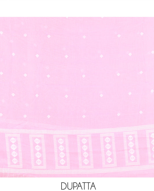 Baby Pink Mul Cotton Material Chudidar Features Jamdani-Style Top, Striped Bottom, a Jamdani Dupatta
