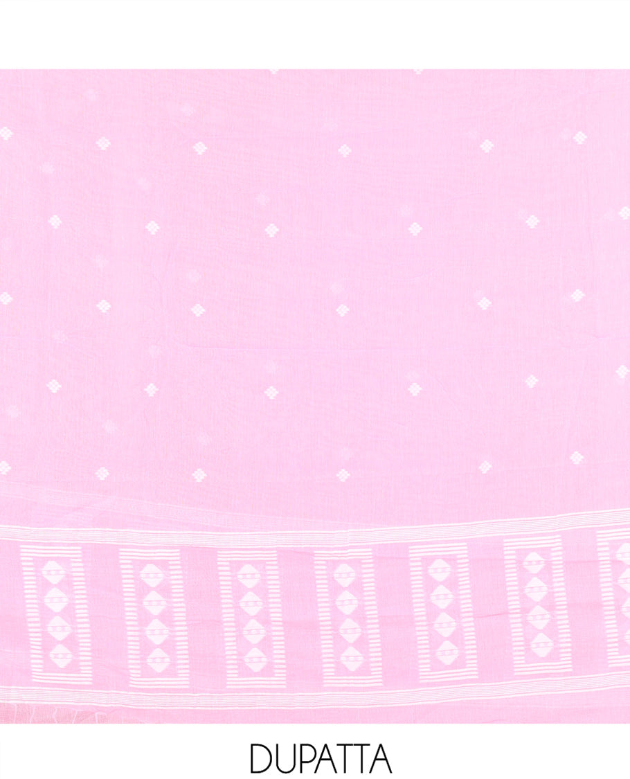 Baby Pink Mul Cotton Material Chudidar Features Jamdani-Style Top, Striped Bottom, a Jamdani Dupatta