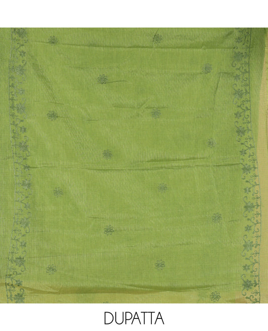 Leaf Green Kota Chex Material Chudiddar, Floral Vine Embroidered Top, Santoon Bottom, Embroidered Dupatta