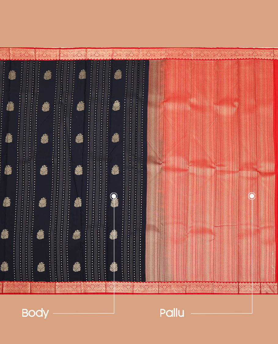 Black Budget Silk Saree, Highlighted with Buttas All Over Its Body, Complemented by a Contrast Traditional Zari Border of Peacocks, Grand Pallu of Geometric Design, and Paired with a Contrast Blouse
