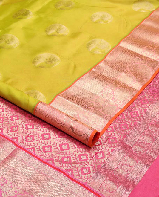 Green floral buttas vasundhara silk mix saree with contrast intricate zari design border & floral zari design pallu