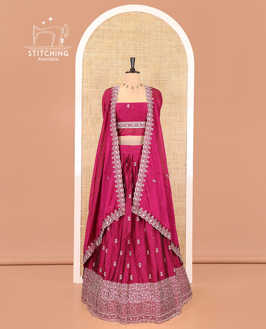 Magenta Georgette Half-Saree Featuring Embroidery Skirt, Floral Embroidered Border, Matching Blouse, Embroidered Dhavani