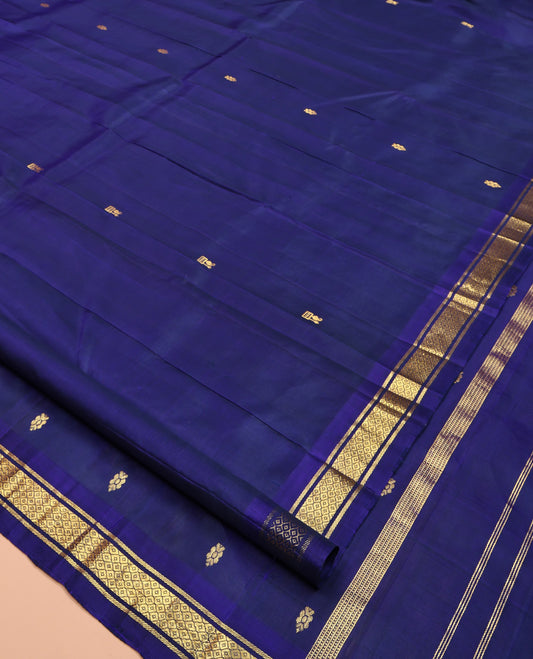 Blue Kanchipuram Silk Saree, Woven with Buttas, One-Sided Border of Banaras, and Jaal Designs, Zari Design Pallu, and No Blouse