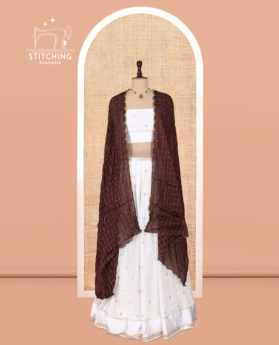 Cream-Brown Viscose Georgette Half-Saree, Buttas Skirt, Matching Blouse, Contrast Checked Dhavani
