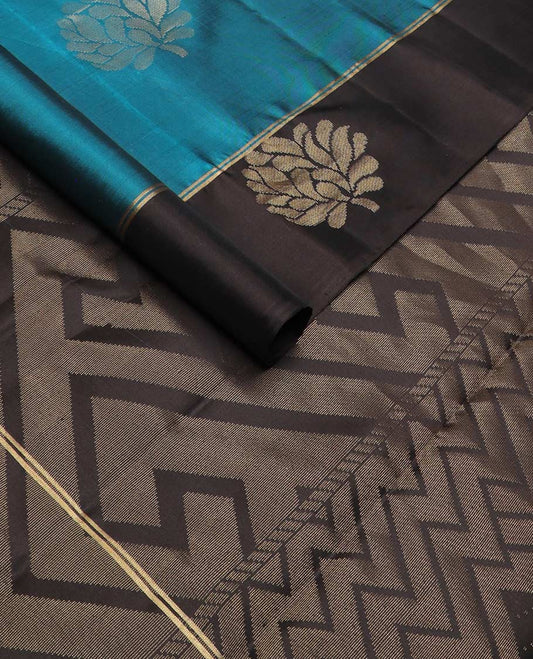 Blue zari buttas silk mix saree, contrast floral design border & pallu of geometric designs