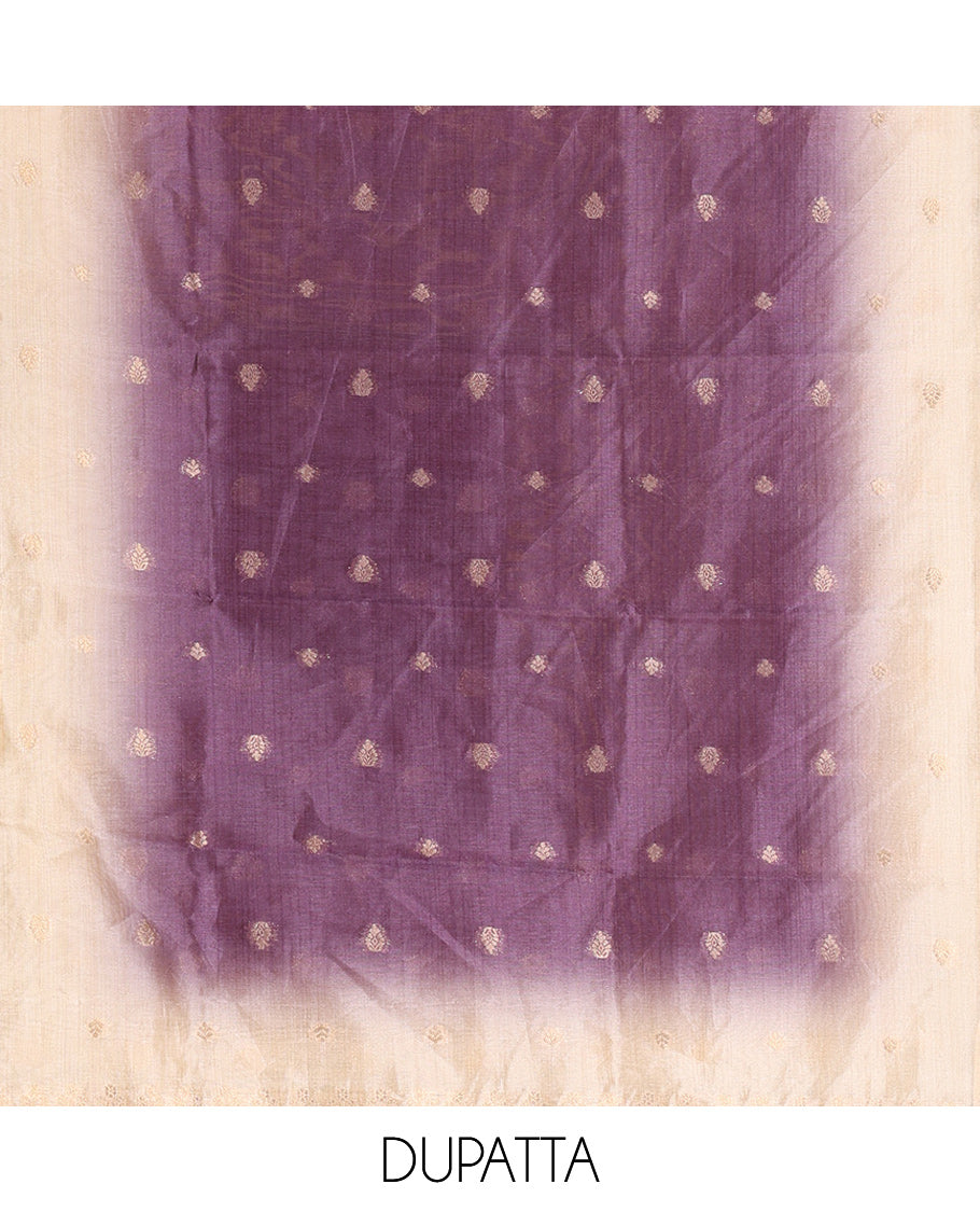 Chikku-Lavender Semi-Tussar Material Chudiddar, Buttas and Neck Work Top, Contrast Bottom, Buttas Dupatta