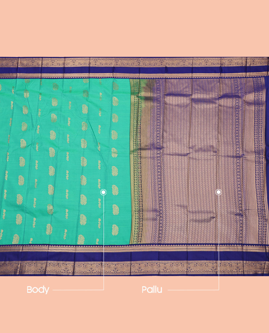 Blue Budget Silk Saree, Graced with Zari Buttas All Over Its Body, Complemented by a Contrast Traditional Zari Design Rettai Pettu Border of Peacock Design, Grand Pallu, and Paired with a Contrast Blouse