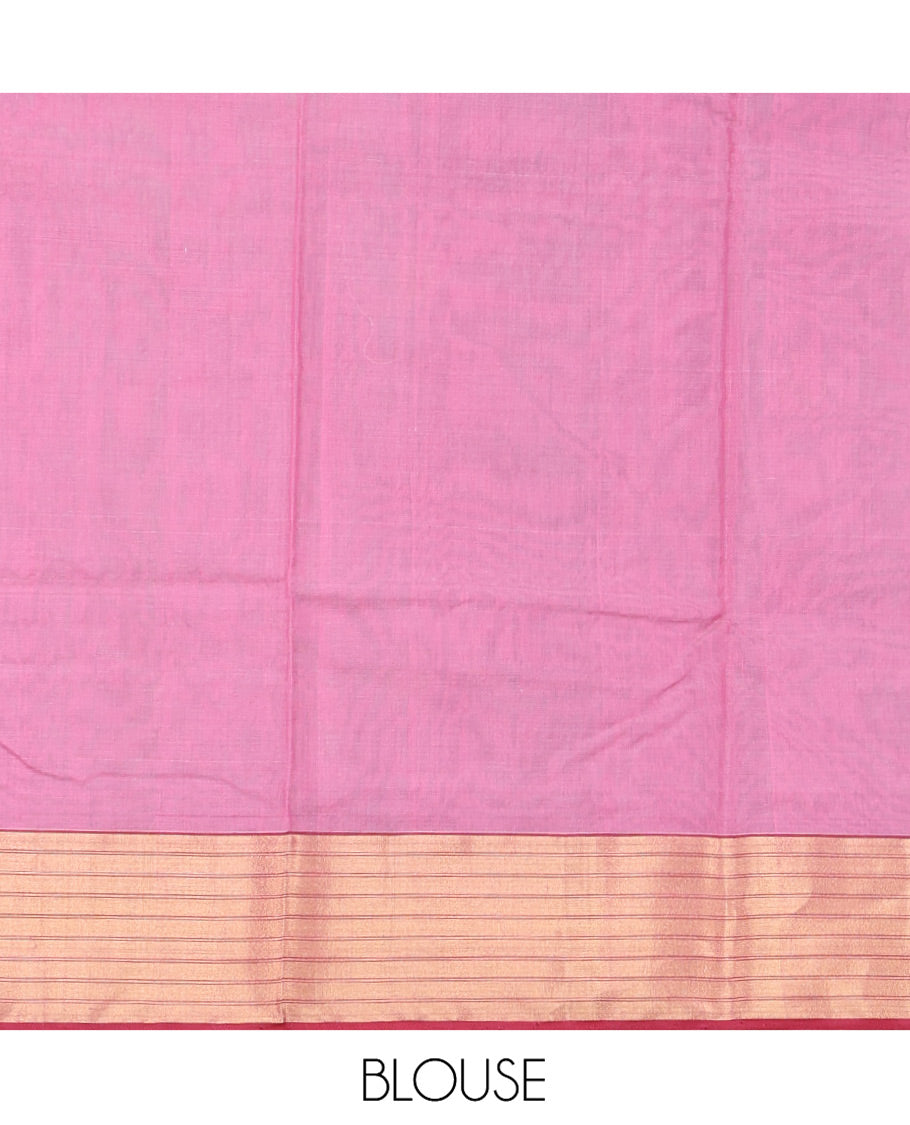 Grey Chanderi Cotton Saree, Delicately Woven with Leaf Buttas All Over Its Body, Complemented by a Contrast Zari Striped Border, Complemented by Contrast Pallu of Leaf Designs, and Paired with a Contrast Blouse