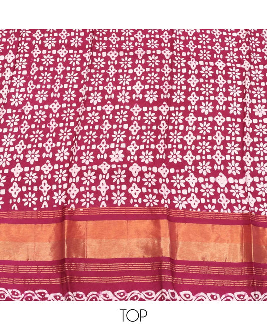 Magenta Material Chudidar Set, Adorned with Batik Printed Chanderi Cotton Top, a Plain Cotton Bottom, and Paired with Batik Printed Chanderi Cotton Dupatta