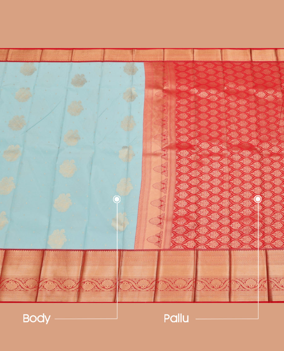 Baby Blue Budget Silk Saree, Sparsely Woven with Zari Buttas on Its Body, Complemented by a Contrast Traditional Zari Design Border, Grand Pallu, and Paired with a Contrast Blouse