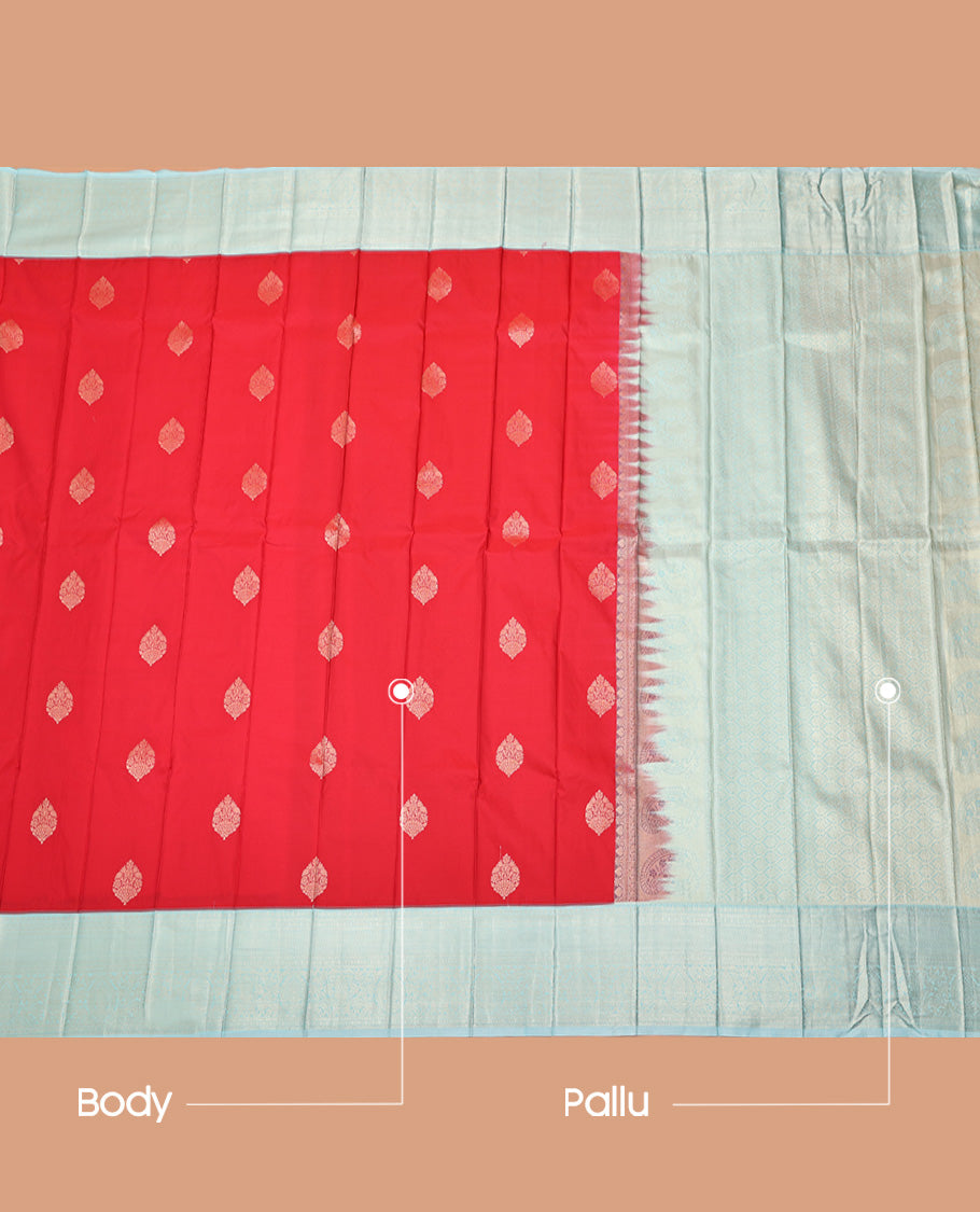 Red Budget Silk Saree, Ornamented with Zari Buttas All Over Its Body, Complemented by a Contrast Traditional Zari Design Border, Sparsely Woven Pallu, and Paired with a Contrast Blouse
