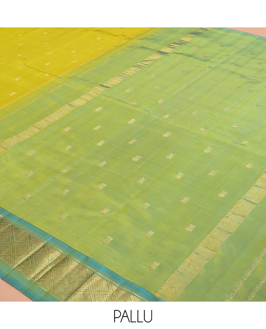 Green Kanchipuram Silk Saree, Woven with Zari Buttas, a Contrast Jaal Design One-sided Border, Zari Woven Pallu, and No Blouse