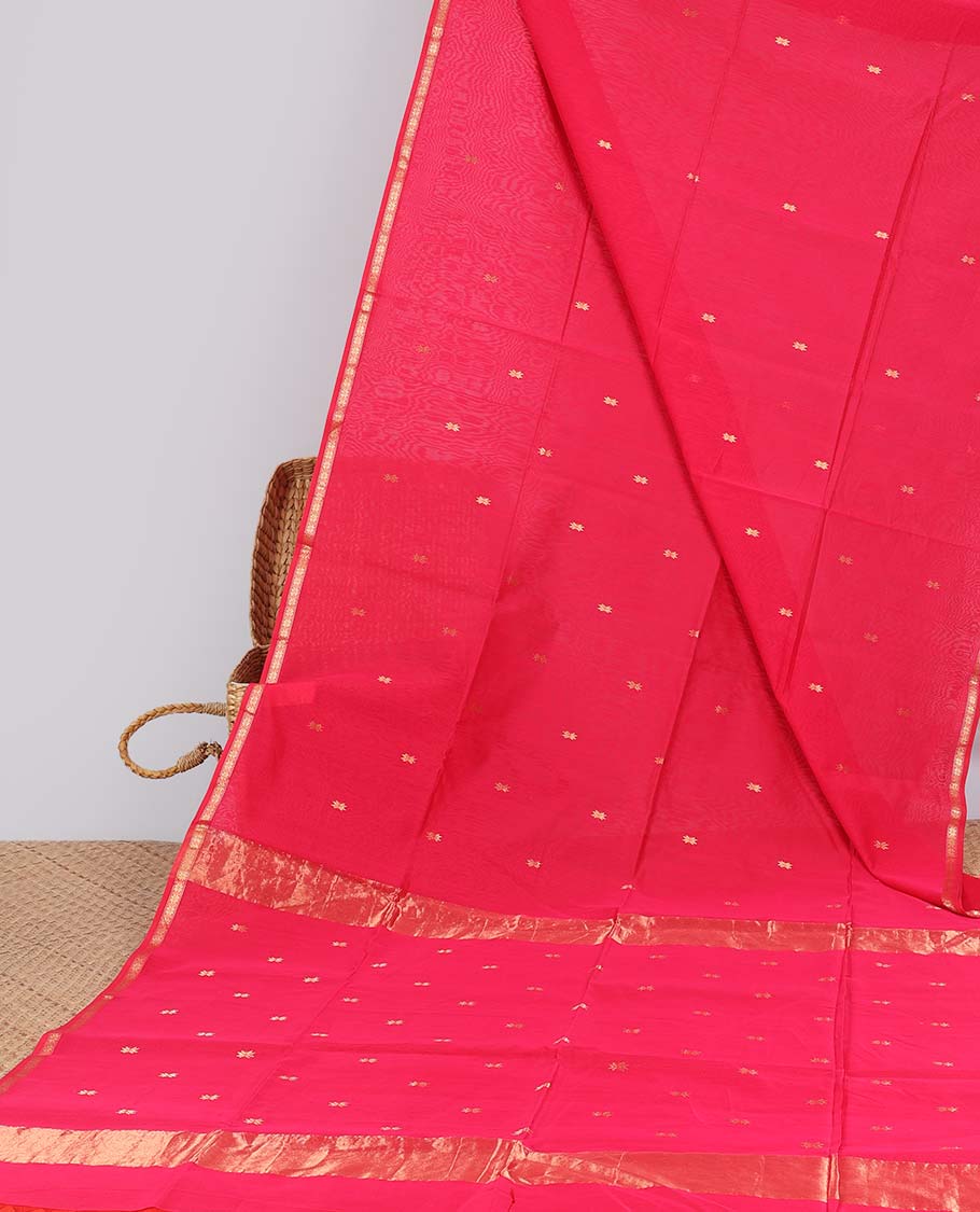Pink floral motifs maheswari cotton saree with self-zari border & floral motifs pallu