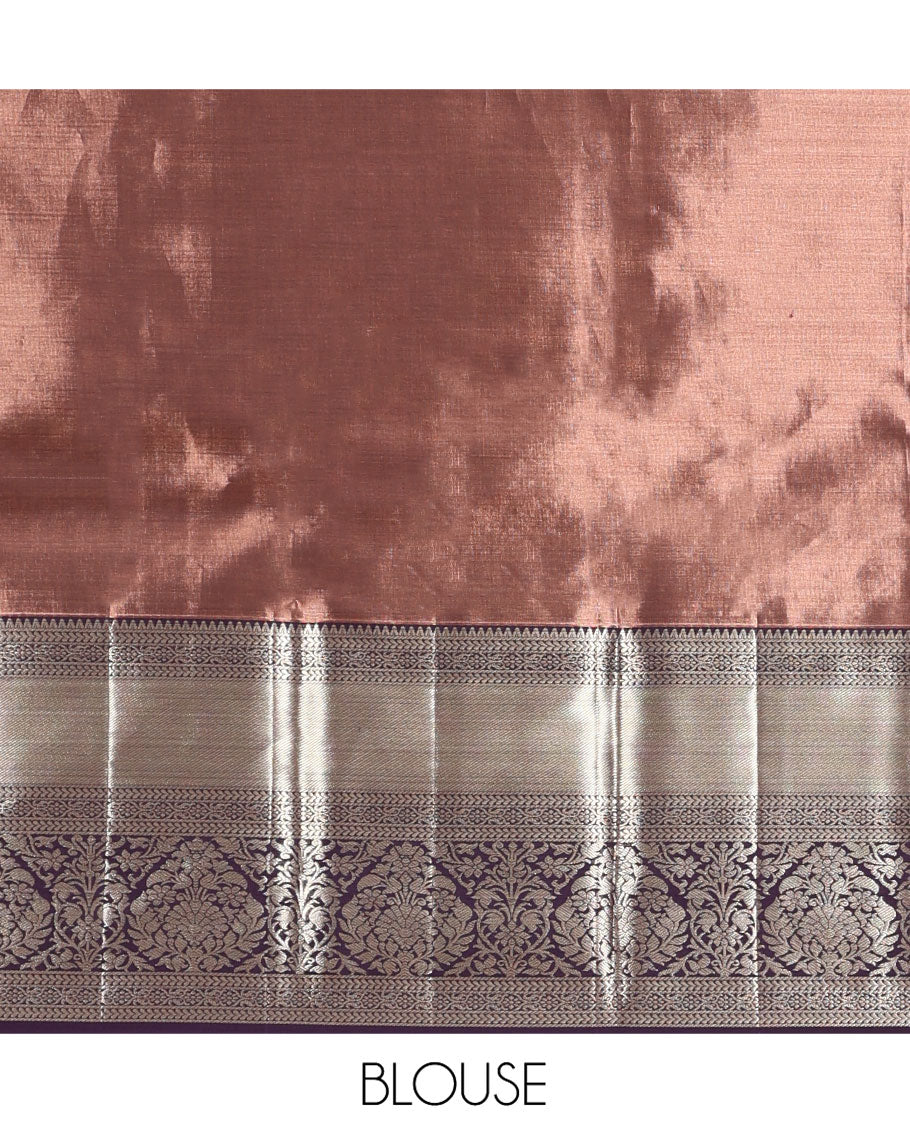 Peach Kanchipuram Tissue Silk Saree, Detailed with Jacquard Designs on Its Body, Complemented by a Contrast Zari Border of Traditional Designs, Intricately Designed Pallu, and Paired with a Contrast Blouse