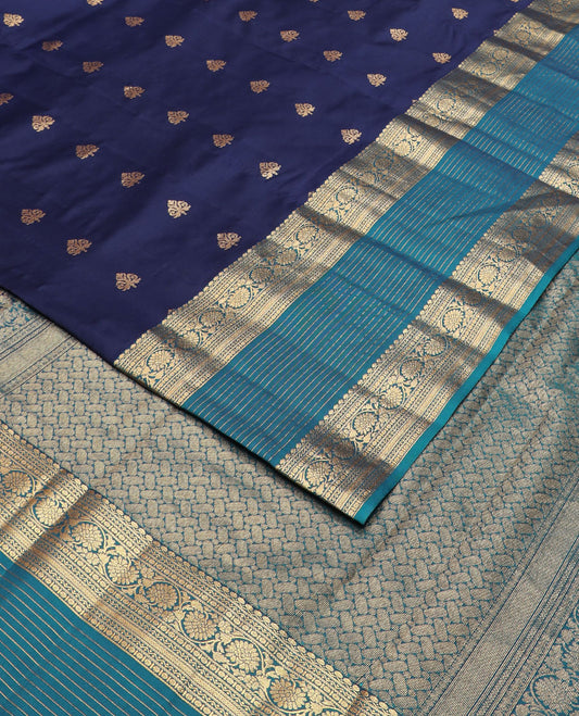 Blue zari buttas vasundhara silk mix saree, contrast geometric pallu & border of thilakam mokku,neli,poun,stripes & kodi visiry