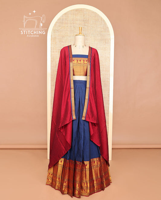Blue half saree with contrast zari design border, zari design blouse & plain, zari design border dhavani