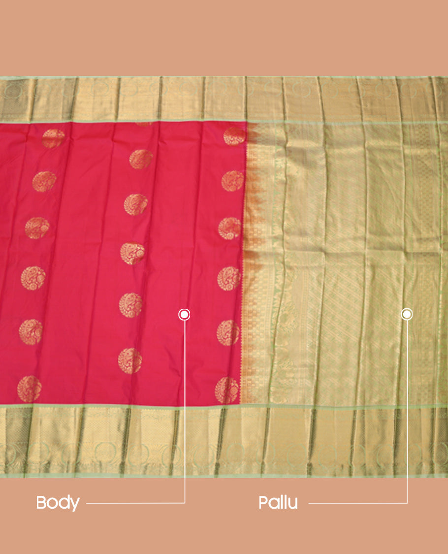 Pink Budget Silk Saree, Subtly Woven with Zari Buttas, Complemented by Contrast Traditional Zari Border, Grand Pallu and a Contrast Blouse