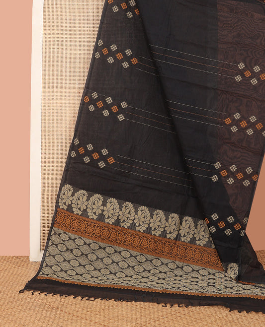 Borderless Black Kanchi Cotton Saree, Delicately Woven with Dotted-Stripes and Diamond Buttas All Over Its Body, Subtly Woven Self-Pallu Featuring Floral Designs, and Paired with a Matching Blouse