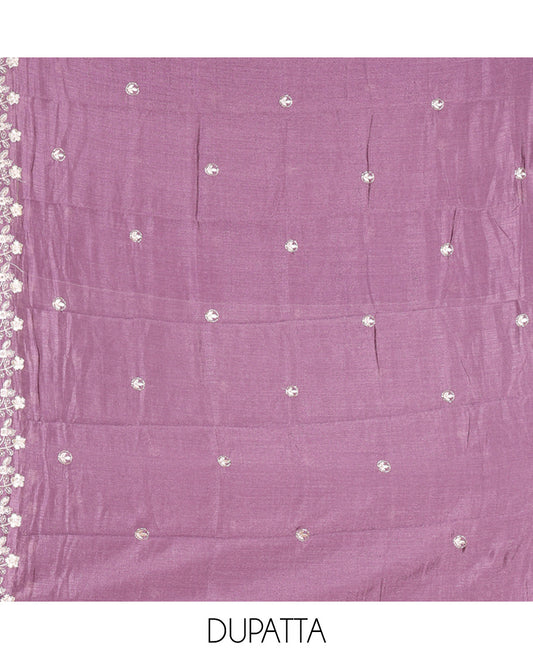 Lavender Semi-Silk Material Churidar Features a Floral Embroidered Top, a Matching Bottom, Embroidered Dupatta