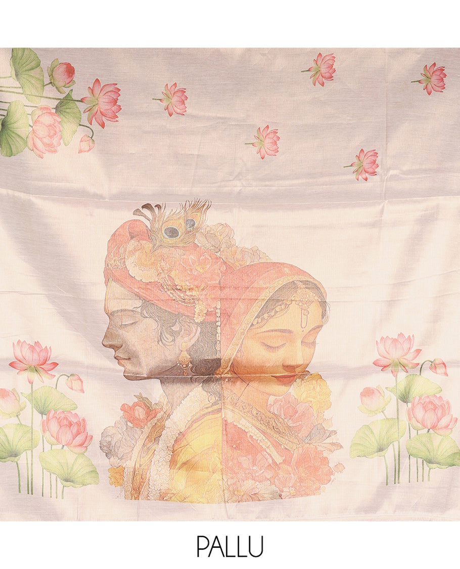 Borderless Gold Tissue Saree, Artfully Printed with Pichwai Lotus, Radha Krishna Printed Pallu, Matching Blouse