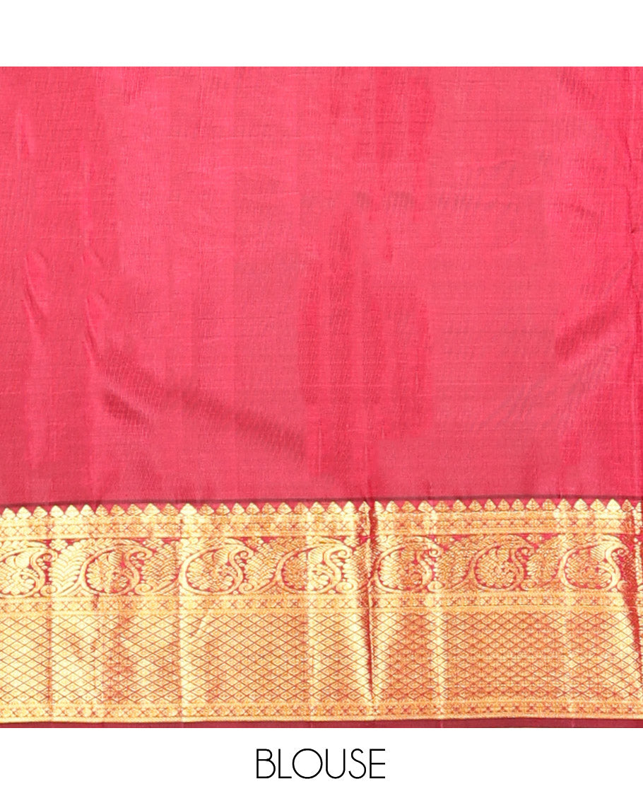 Maroon Kanchipuram Wedding Silk Saree, Embellished with Jacquard Design, Zari Border of Thilakam Mokku, Manga, and Mayil Kann Designs, Grand Pallu, and a Matching Blouse