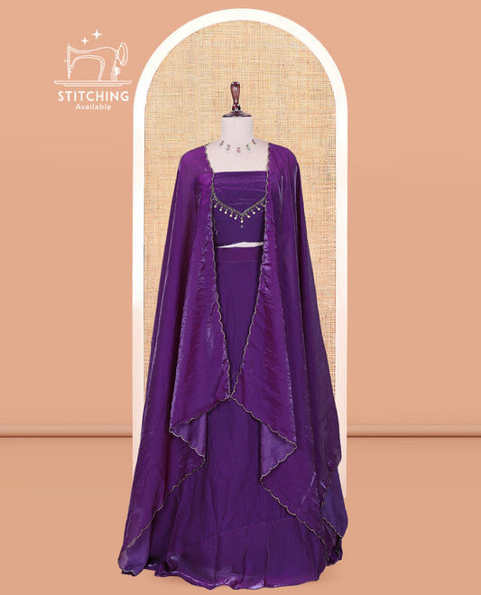 Dark Purple Fendi Organza Half-Saree, Plain Skirt, Matching Embroidered Blouse, Matching Scallop Dhavani