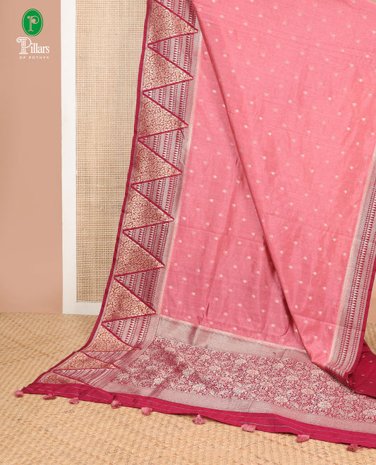 Onion pink small butta design raw silk woven saree with contrast temple border & rich pallu along with butta design blouse