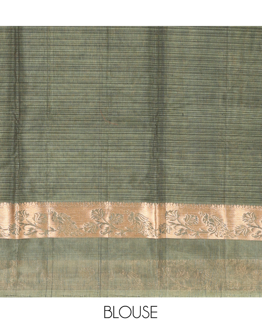 Black Silk Cotton Saree, Adorned with Zari Buttas, Complemented by a Contrast Floral-Peacock Zari Border, Grand Jaal Pallu, and a Contrast Blouse