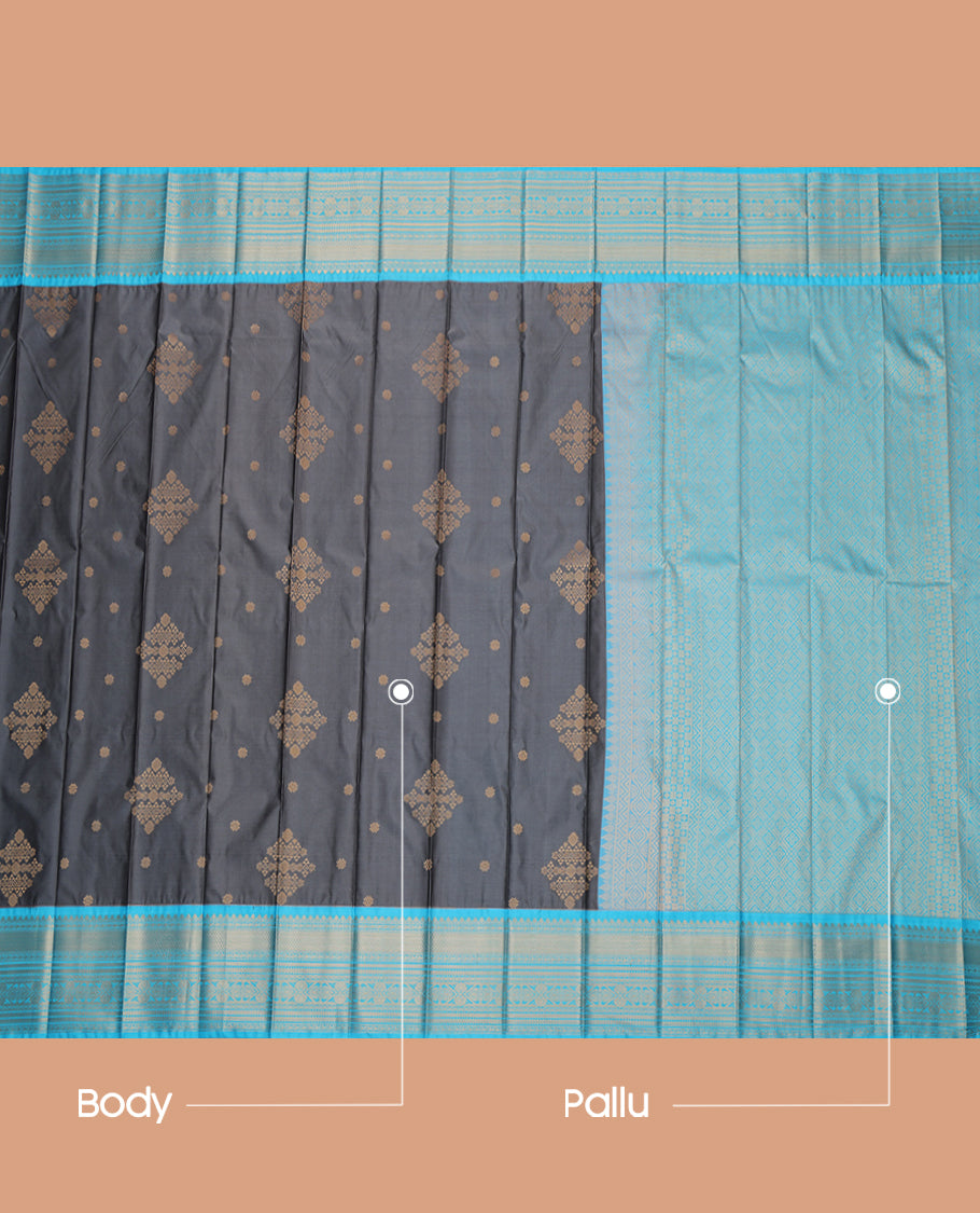 Grey Budget Silk Saree, Adorned with Zari Buttas, a Contrast Traditional Zari Border, Grand Pallu, and a Contrast Blouse