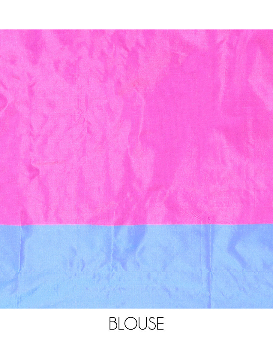 Pink Aarani Silk Saree, Bedecked with Zari Buttas All Over Its Body, Complemented by a Contrast Zari Checked Border, Pallu of Stripes and Buttas, and Paired with a Contrast Blouse