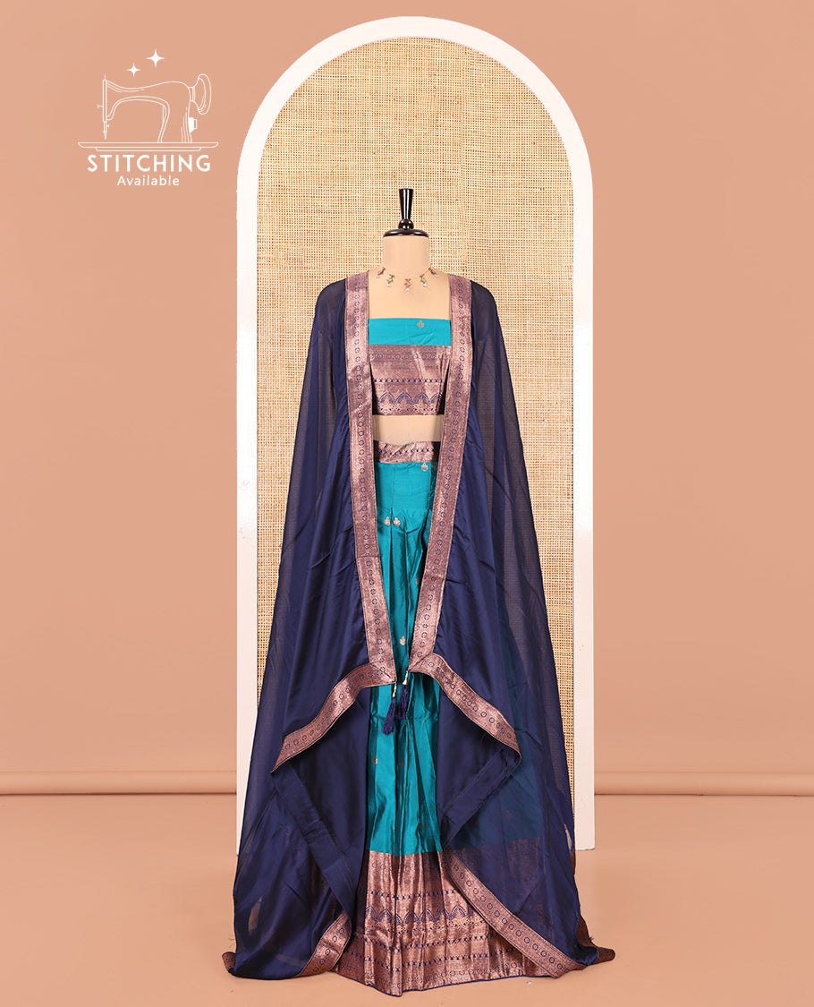 Rama Green Semi-Banarasi Half-Saree Featuring Buttas Skirt, Contrast Traditional Border, Matching Blouse, Satin Georgette Dhavani