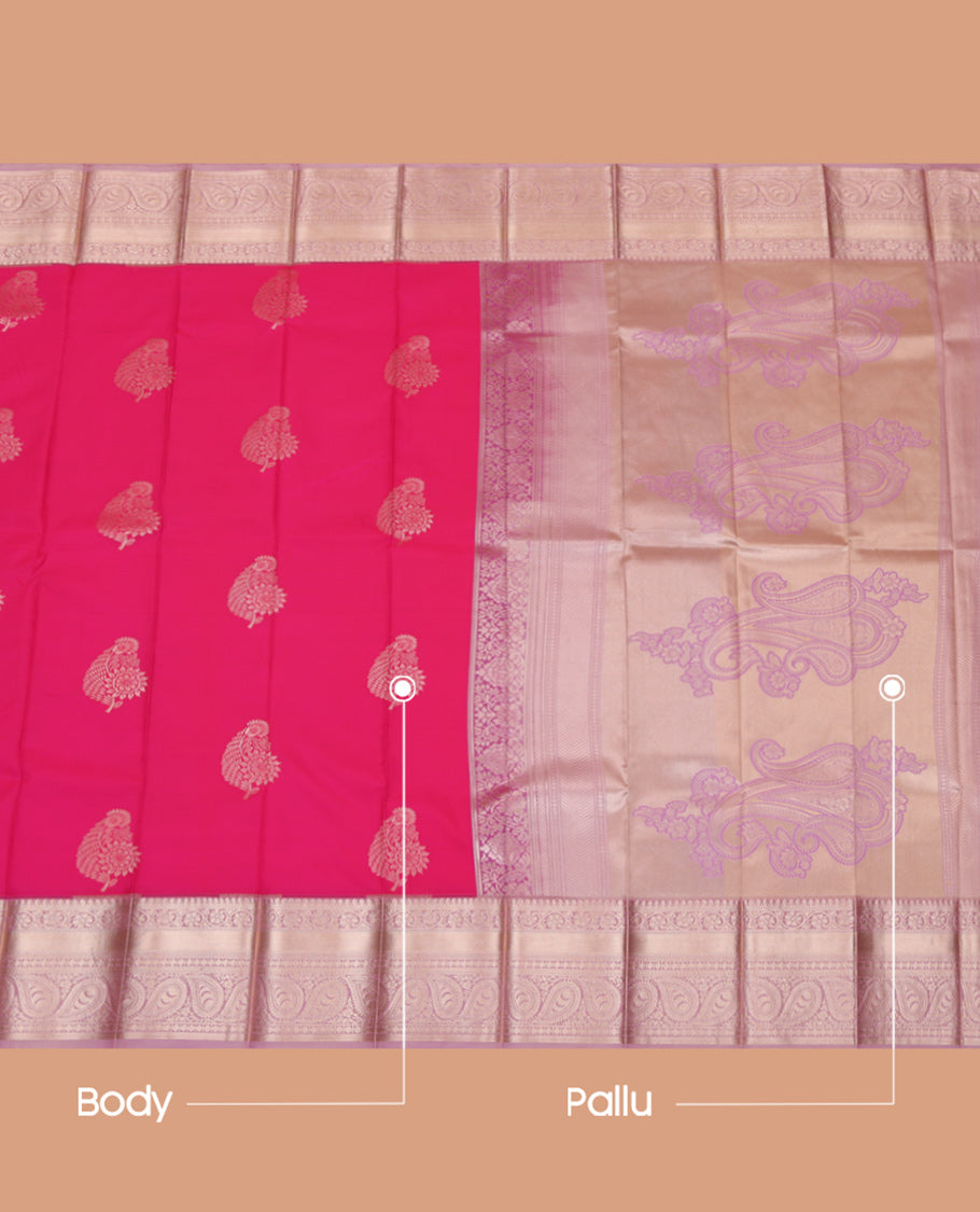 Pink Budget Silk Saree, Graced with Zari Buttas, a Contrast Traditional Border, Grand Pallu, and a Contrast Blouse