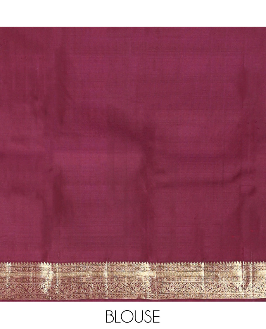 Red Kanchipuram Silk Saree, Graced with Zari Buttas, Complemented by Contrast Traditional Zari Border, Jaal Pallu, and Contrast Blouse