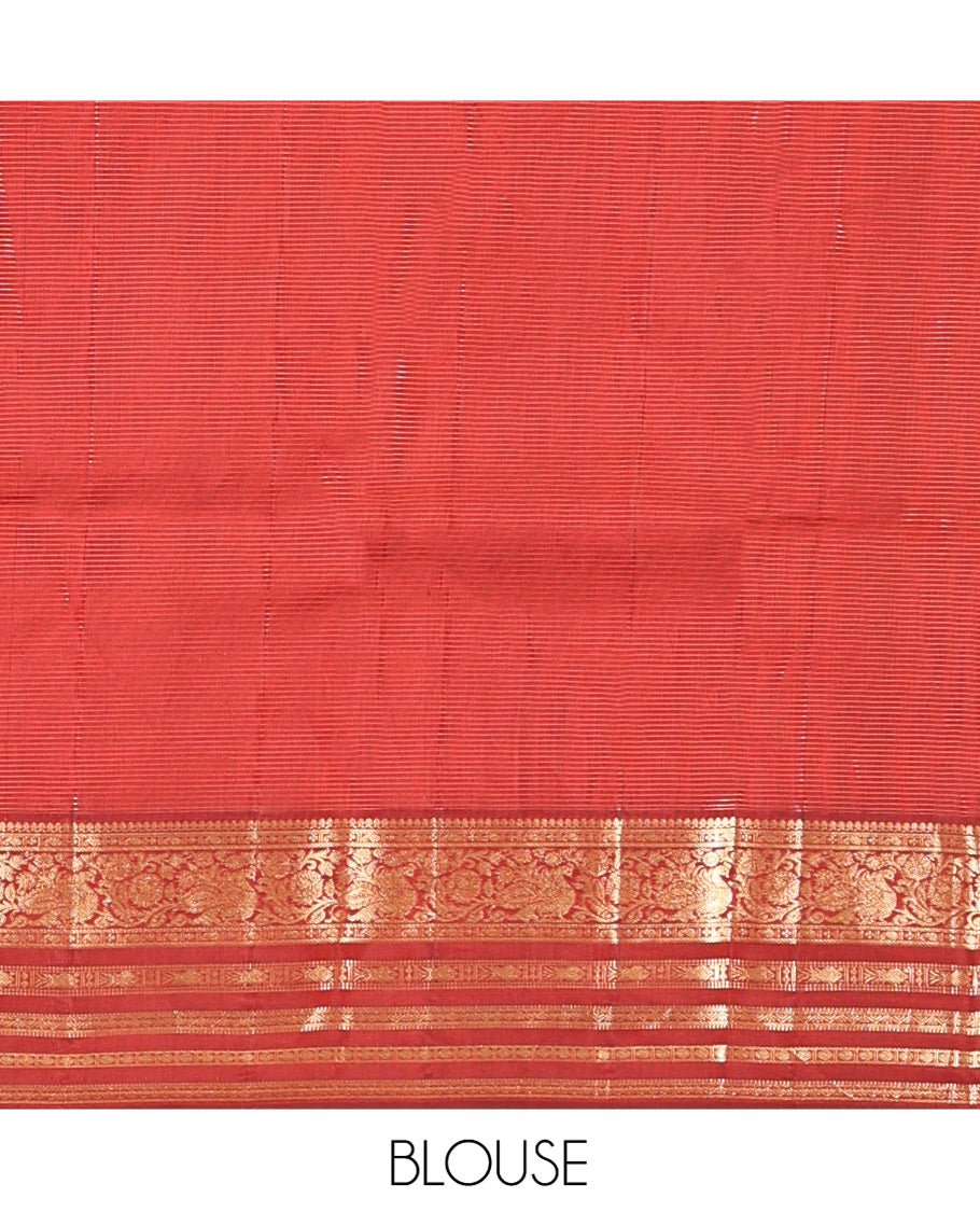 Orange Vasundhara Silk Saree, Masterfully Woven with Zari Buttas and Checks All Over Its Body, Complemented by a Contrast Border of Thilakam Mokku, Manga, Mayil, and Meen Designs, Grand Pallu, and Paired with a Contrast Blouse