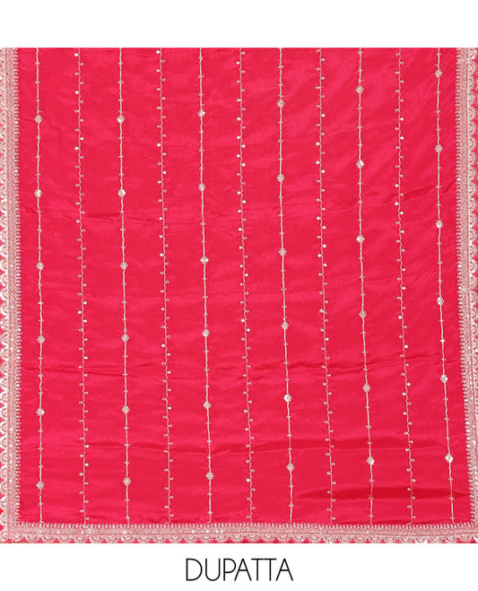 Tomato Pink Chudidar Set Prettified with Floral Jaal Jacquard Design Viscose Chinon Unstitched Top, Readymade Free Size Sharara Pants, and a Chinon Embroidered Scallop-Bordered Dupatta