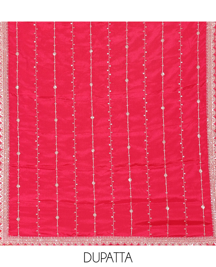 Tomato Pink Chudidar Set Prettified with Floral Jaal Jacquard Design Viscose Chinon Unstitched Top, Readymade Free Size Sharara Pants, and a Chinon Embroidered Scallop-Bordered Dupatta