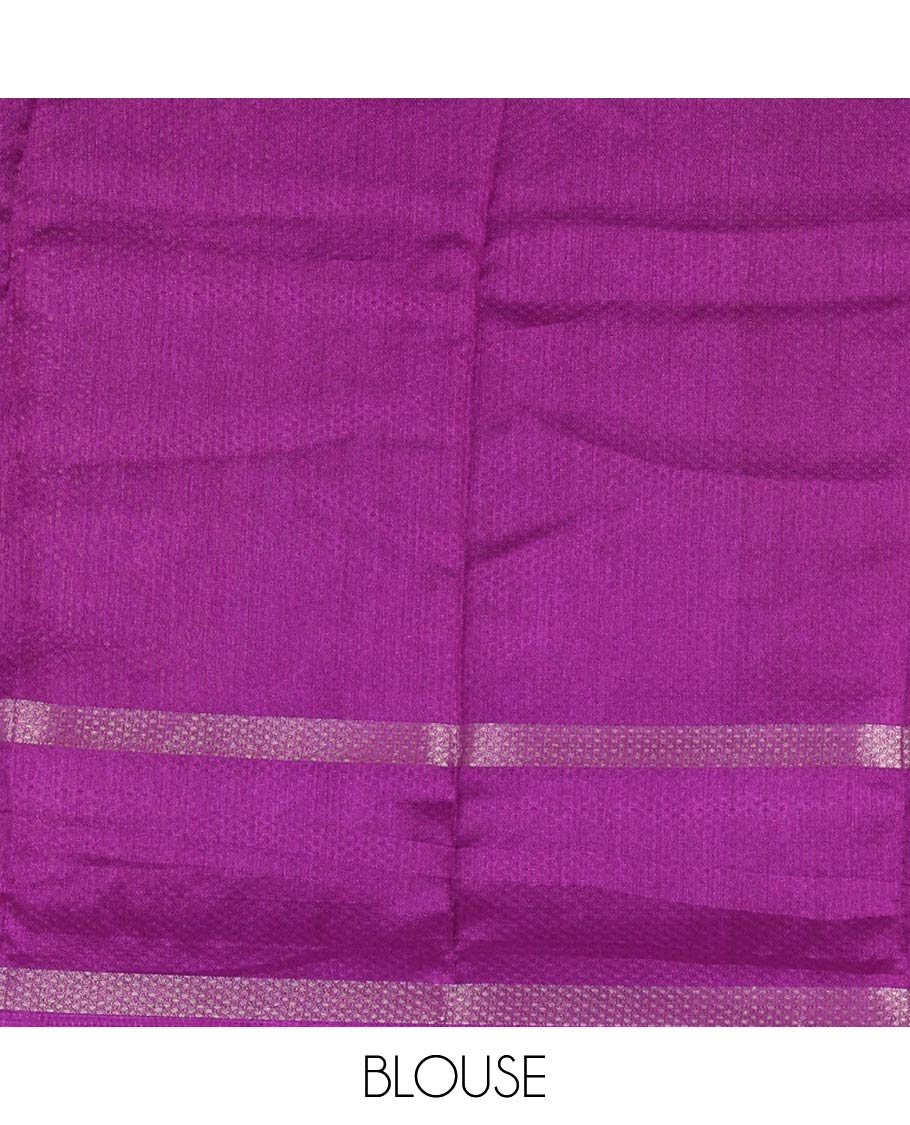 Yellow embossed moss chiffon saree, contrast traditional rettai pettu border, embossed pallu, and a contrast embossed blouse