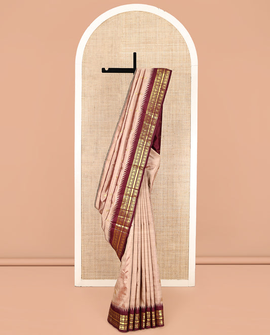 Pale Brown Kanchipuram Silk Saree Featuring Zari Buttas, Complemented by a Contrast One-Sided Temple Border of Thilakam Mokku, Banaras, Poun, and Vanki Designs, Zari Design Pallu, No Blouse