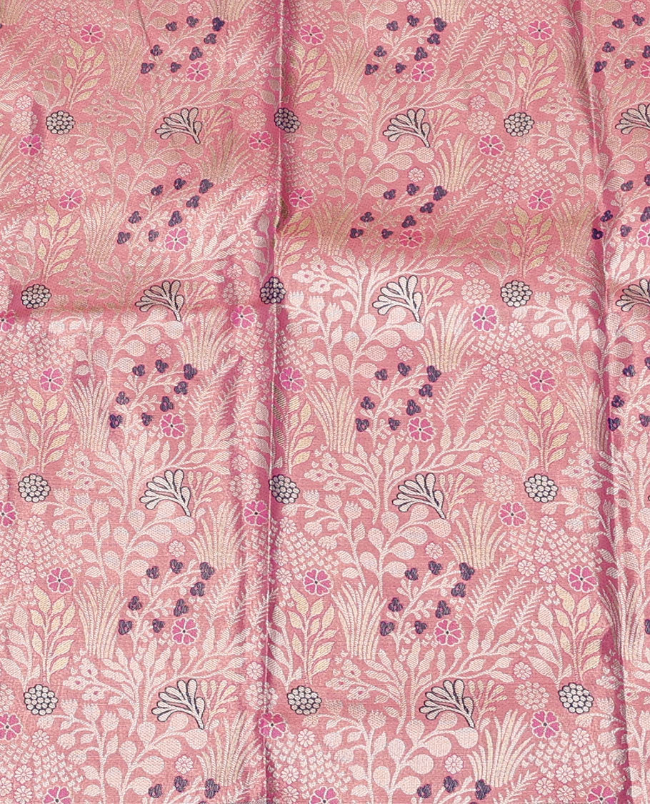 Pink Art Silk Material Half Saree Set, Embellished with Jacquard Design Skirt, a Contrast Meenakari Design Border, Contrast Blouse, and an Intricate Dhavani